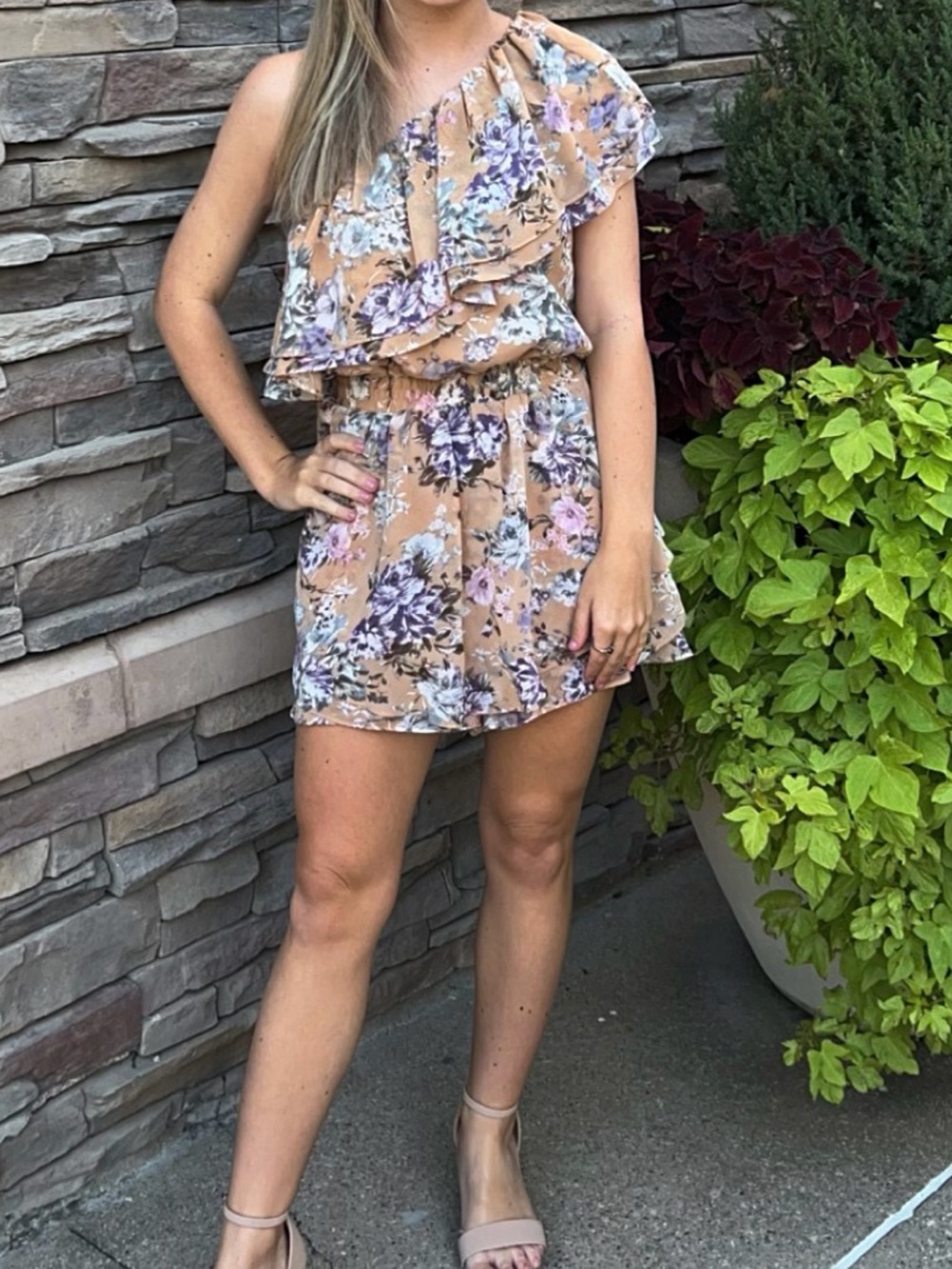 One-Shoulder Floral Ruffle Mini Dress - Peach Floral